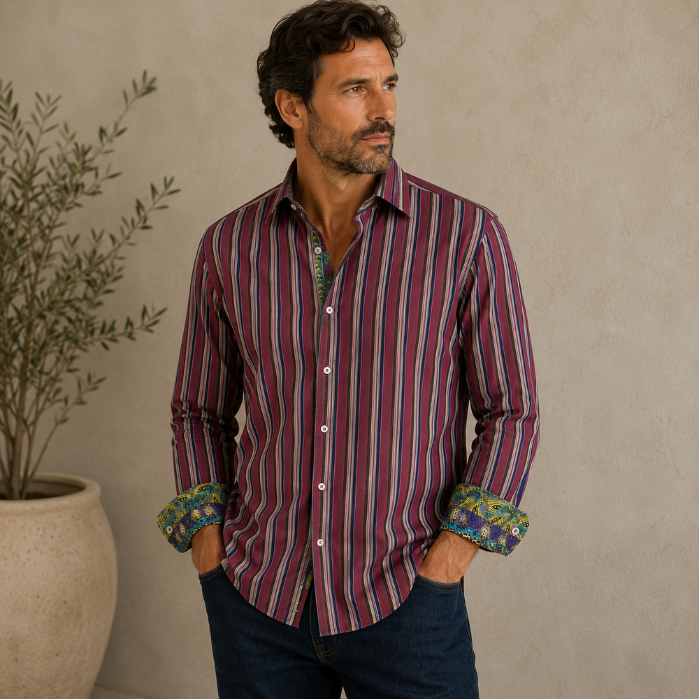 Robert Graham Shirt Men Large Red Maroon Stripe Flip Cuff Cotton Embroidered
